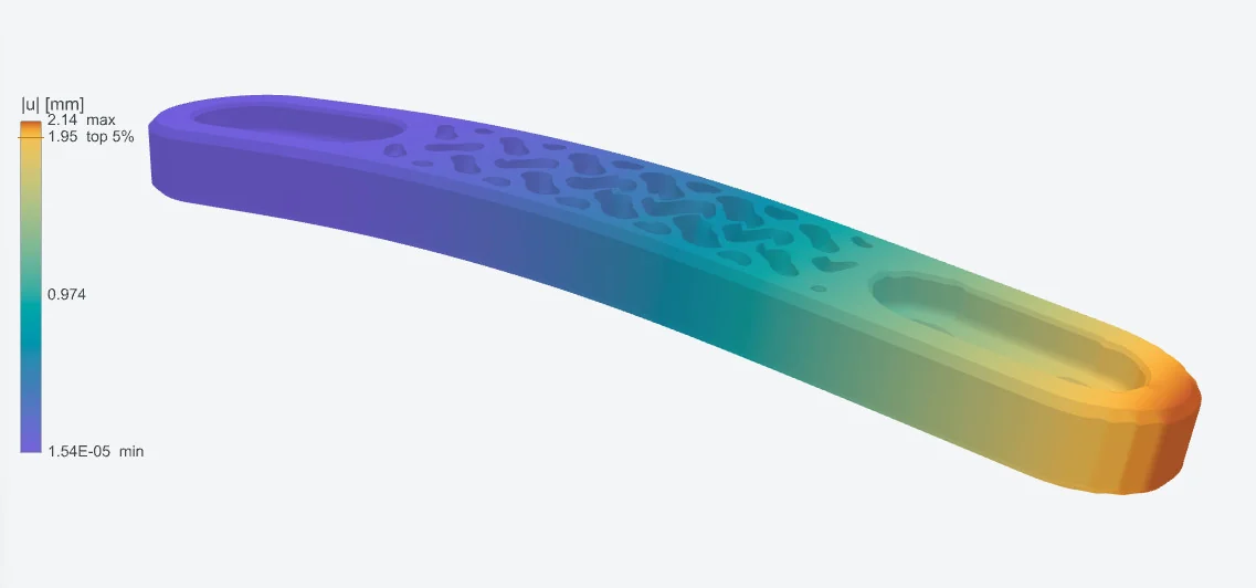 A curved bracket with a graded lattice core, coloured by displacement magnitude from 0 to 2.14 mm